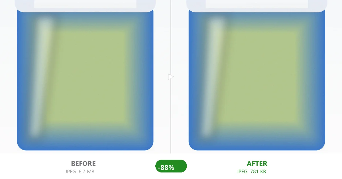 Same 3000x3000 product photo before (6.7 MB) and after (781 KB at quality 75) compression — full resolution kept, file size cut 88%