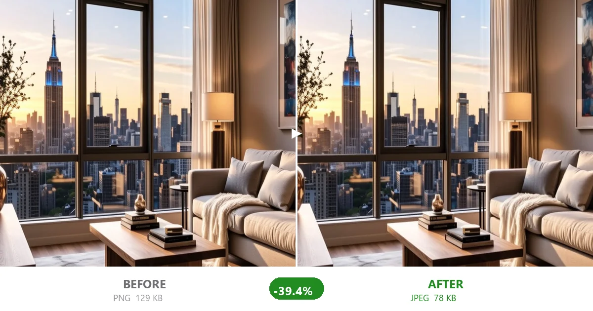 Interior photo JPEG compression via CompactJPG — 129 KB to 78 KB, 39.4% reduction