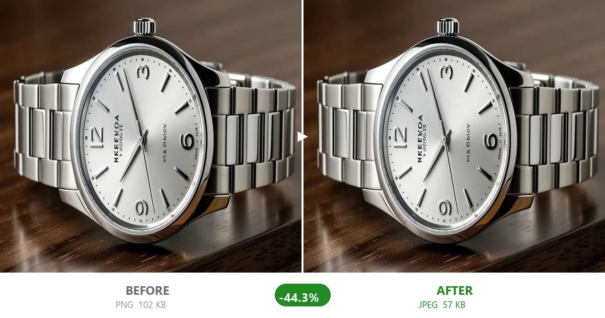 Product photo JPEG compression via CompactJPG — 102 KB to 57 KB, 44.3% reduction